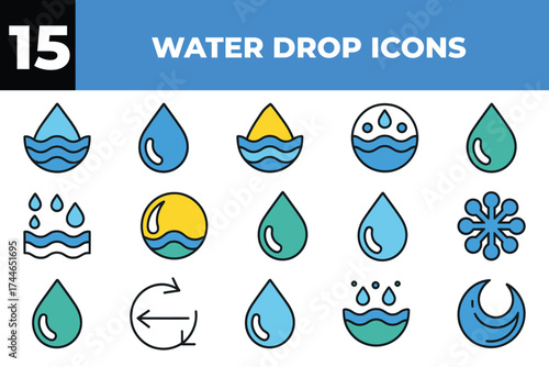 Collection of 15 stylized water drop icons representing purity hydration and refreshment