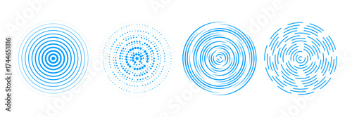 Blue radial concentric circle set. Halftone, dashed and dotted rings for epicenter, target, radar, earthquake, tsunami symbol. Vector rippled expansive vibration elements. Sound wave signal collection
