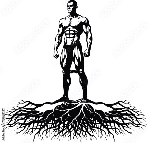 Stoic man silhouette standing on intricate root network