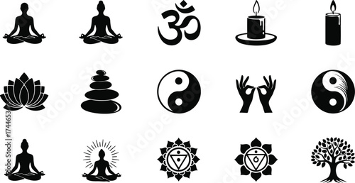Black yoga and zen spiritual wellness collection with meditative elements
