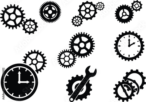 Collection of clockwork gear and mechanical icons for design