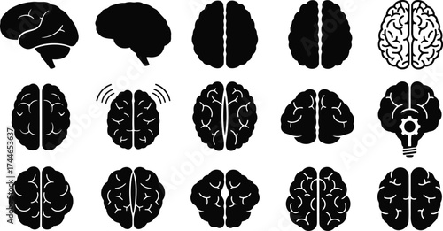 Collection of diverse human brain icons for medical and science concepts