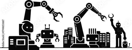 Minimalist silhouette icons for industrial automation and technology