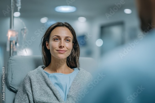 woman lying in a modern hospital bed receiving IV therapy.
