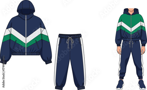 Illustration of a tracksuit with a hooded jacket and matching pants in blue green and white colors