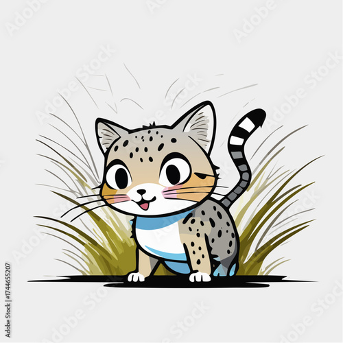 A cartoon illustration of a spotted cat standing in front of grass with a white background and vibrant colors.