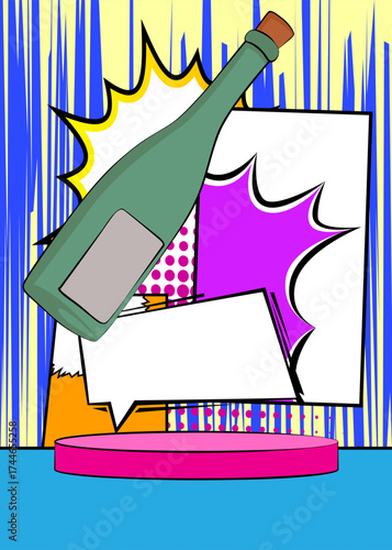 Comic Book Product podium stage for mockup presentation with glass bottle. Retro comics background.