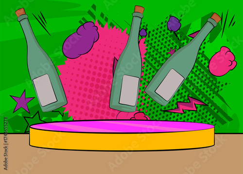Comic Book Product podium stage for mockup presentation with glass bottle. Retro comics background.