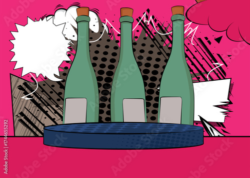 Comic Book Product podium stage for mockup presentation with glass bottle. Retro comics background.