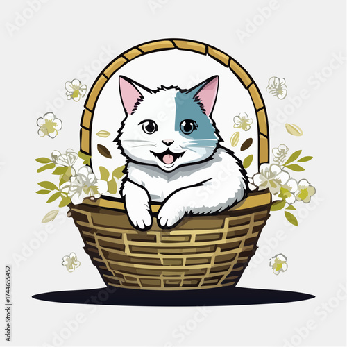 Digital illustration of a white and blue cat sitting in a brown wicker basket surrounded by white flowers on a plain white background.