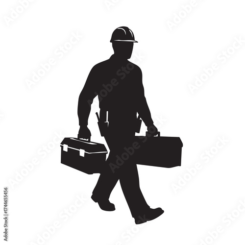 Silhouette of a construction worker carrying two toolboxes, walking confidently towards a project, ready for work and tasks.