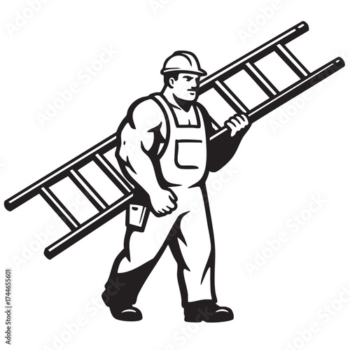 Strong construction worker in a hard hat carries a ladder, ready for building or repair work, a symbol of labor and industry.