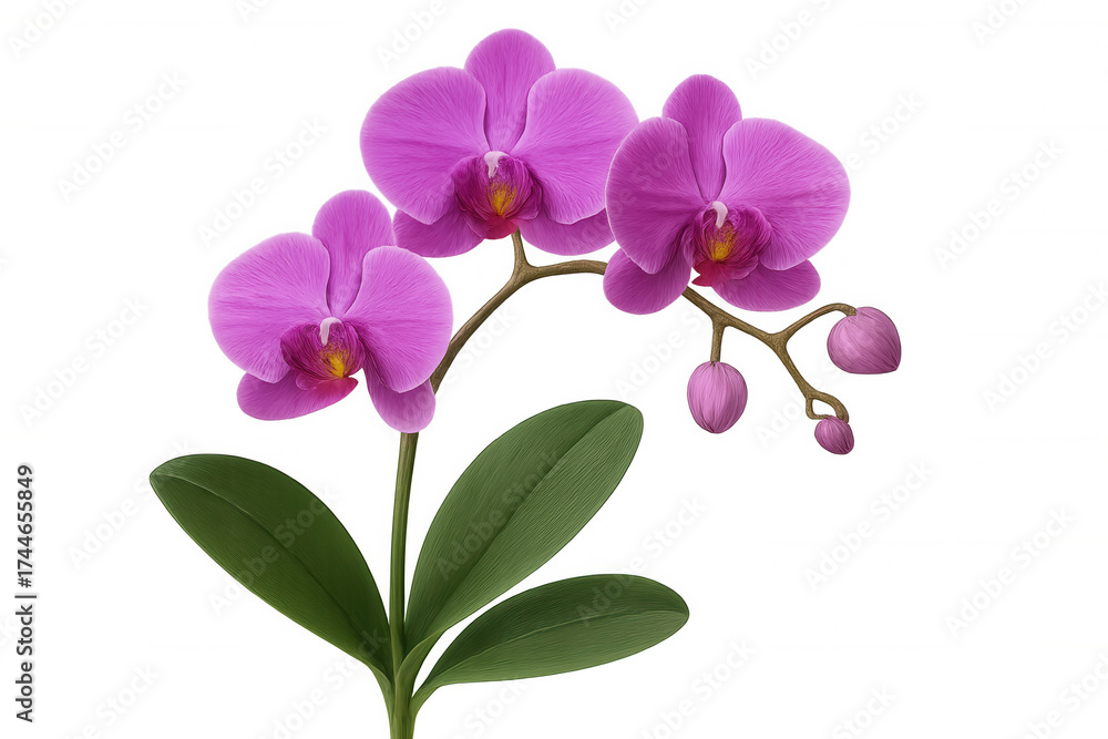Naklejka premium Blooming phalaenopsis orchid plant with vibrant purple-pink flowers and green leaves on transparent background