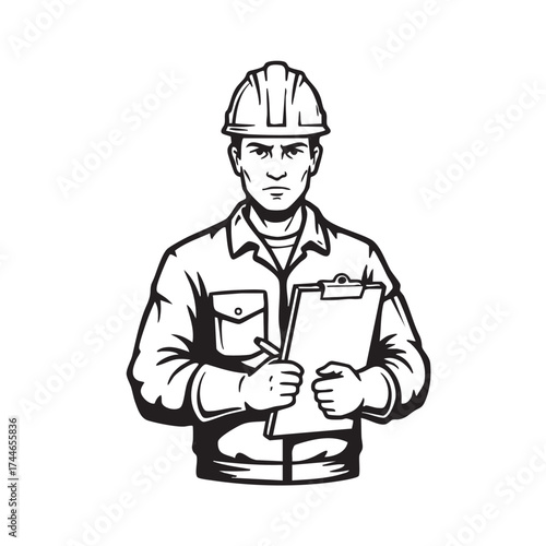 A determined construction worker in a hard hat, holding a clipboard and pen, stands ready for inspection or project management.