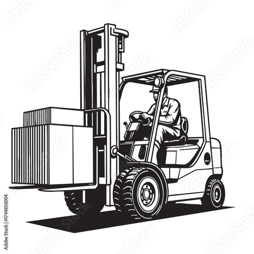 A black and white illustration depicts a forklift operator transporting a load of boxes, highlighting industrial logistics and warehouse operations.