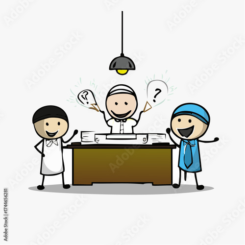 Three cartoon businesspeople standing around a desk with a thoughtful expression and question marks, in a simple office setting with a light fixture.