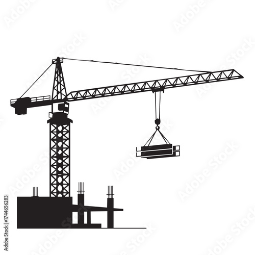 Silhouette of a construction crane lifting materials at a building site, symbolizing progress and development in the construction industry against a white background.