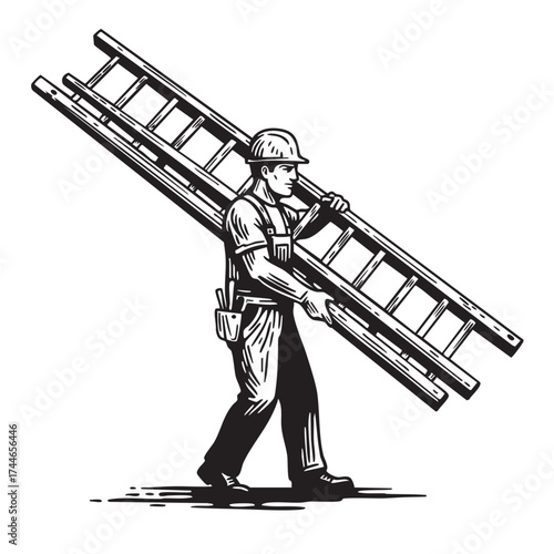 A construction worker in a hard hat carries a ladder over his shoulder, ready for a building project or repair work.