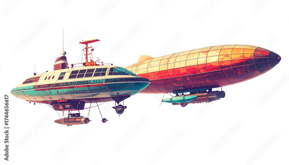 Obraz premium Fantasy Floating Airship and Retro Sky Cruiser Set, isolated on transparent background