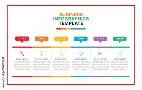 Editable business infographic template design with 6 steps. Infographic template which can be used for presentations banners, workflow layout, annual report, web design.	