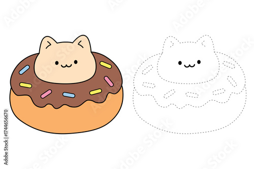 Cat with donut chocolate glaze trace and coloring pages for kids