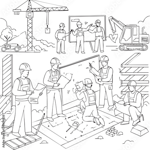 Construction workers collaborating on a building project, reviewing blueprints and coordinating efforts on the site, with a crane and excavator.