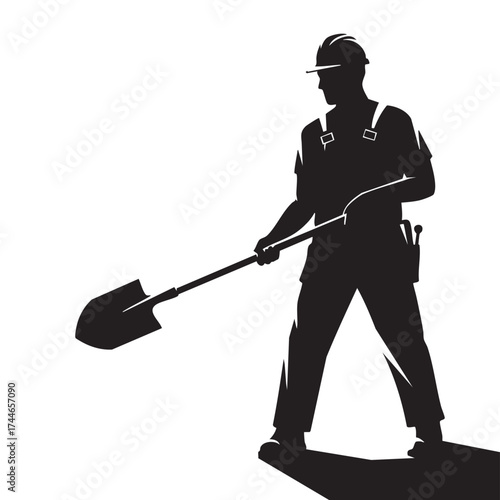 A silhouette of a construction worker stands with a shovel, representing hard work, labor, and the construction industry in a bold, graphic style.