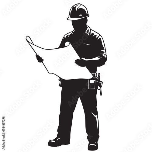 A construction worker in silhouette carefully examines blueprints, showcasing architectural planning and building design with a professional approach.