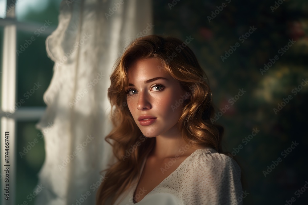 Obraz premium Blonde woman wearing white blouse standing in room with soft sunlight entering