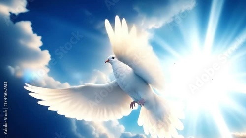 The holy spirit of God from heaven descending like a dove. Religious theme concept.
