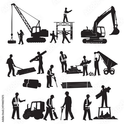A black and white illustration showcases various construction workers and heavy machinery involved in the building process, creating a dynamic scene.