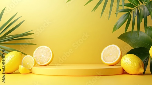 Yellow lemon podium display, tropical leaves, summer background, product presentation, virtual showcase