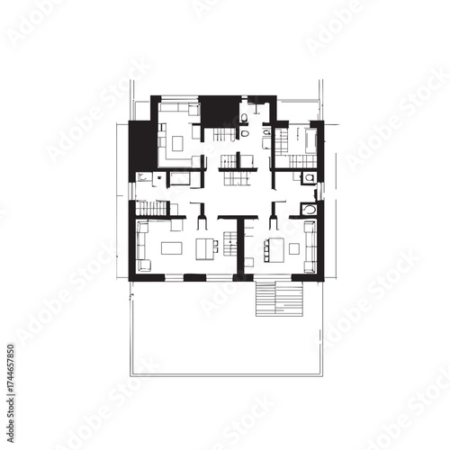 Architectural floor plan of a modern house, showcasing interior layout with furniture arrangement and room divisions in a minimalist design.