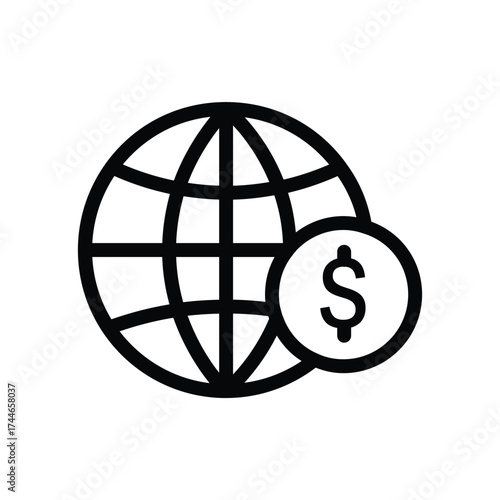 Globe with dollar sign line icon, global business and finance symbol, simple outline style on white background