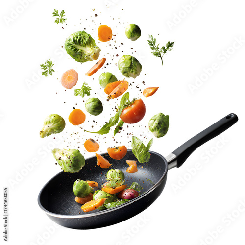 Fresh chopped vegetables and spices flying into a stir-fry pan. Healthy cooking concept with broccoli, carrots, and peppers isolated on black background.