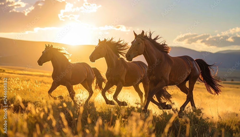 Fototapeta premium Three horses galloping through a sunlit meadow at sunset, with mountains in the background