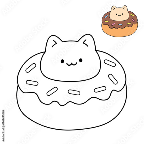 Cat with donut chocolate glaze trace and coloring pages for kids