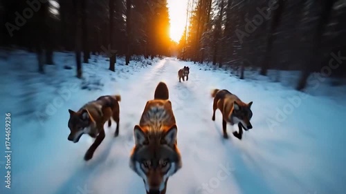 A pack of wolves running through a snowy forest at sunset.