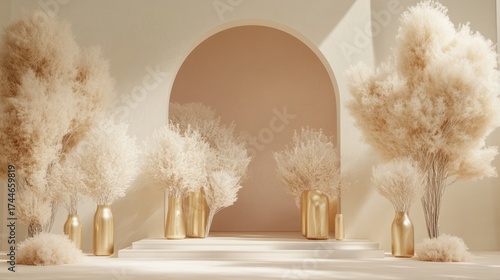 Minimalist beige interior with decorative plants, showcasing a soft aesthetic. Possible use  stock photo for design inspiration