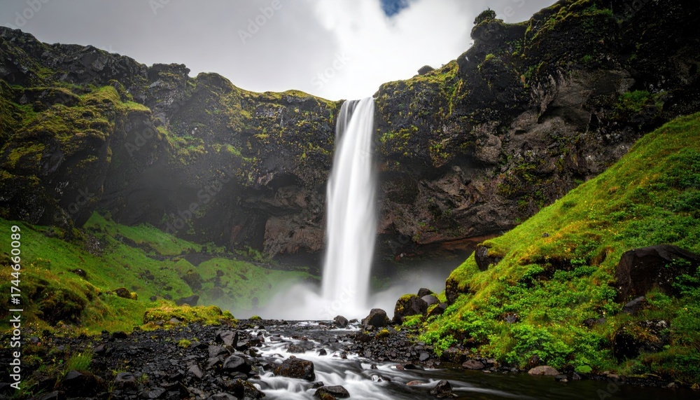 Fototapeta premium Majestic Waterfall Flowing Over Rocky Cliffs in Lush Green Landscape Under Cloudy Sky