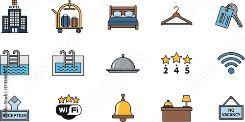 A collection of hotel icons including a hotel building a bed and a swimming pool on a white background