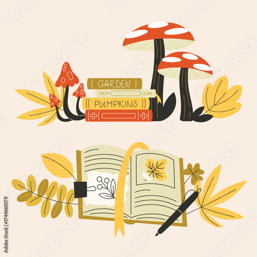 Beautiful hand-drawn vector set celebrating the fall season with cozy reading, books, mushrooms, and a nature journal with leaves
