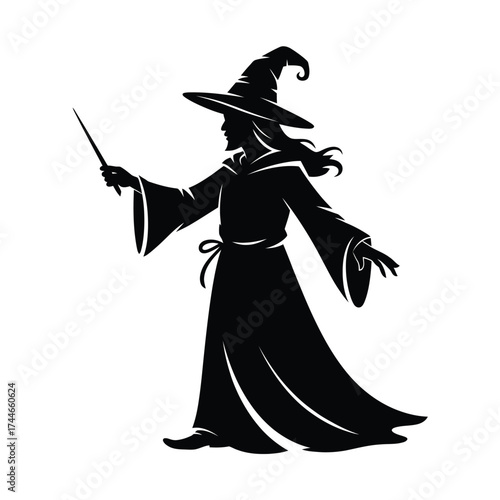 Black silhouette of a wizard casting a spell with a wand vector