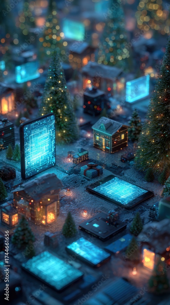 Obraz premium Enchanted Winter Village with Digital Screens and Glowing Trees