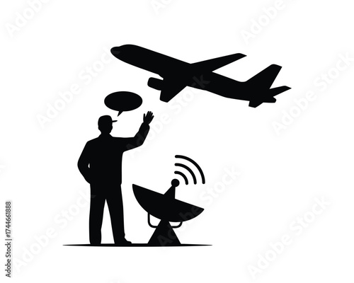 Black silhouette of air traffic controller waving at airplane near satellite dish communication