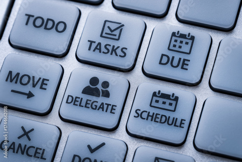 Tasks task management efficient workflow keyboard key concept for productivity and delegation in office and remote work settings