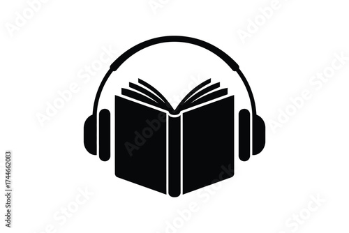 Black silhouette of an open book with headphones audio listening