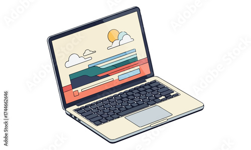 Modern Laptop Showing a Creative Web Design: Isometric Vector Illustration of a Portable Computer Displaying a Clean, Minimalist Landing Page with Landscape Graphics
