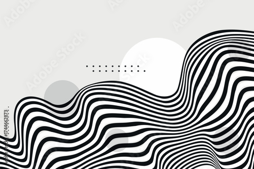 Abstract vector 3D lines background, black and white curves linear perspective dimensional terrain optical pattern