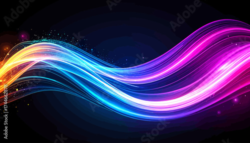 Vibrant Neon Light Waves Flowing Across a Dark Background.